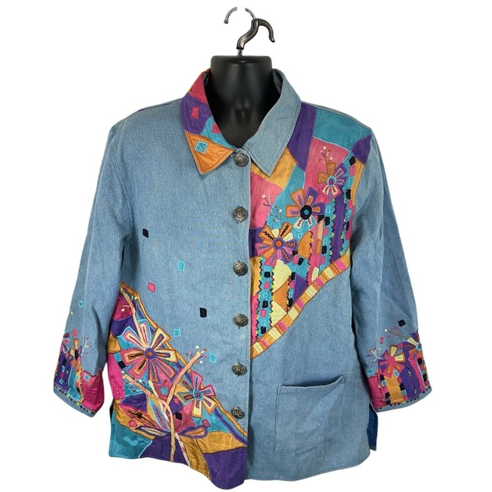 Vintage Parsley & Sage Retro Vintage Denim Coat Floral Artsy Unique Size XL